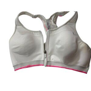 Danskin Now High-Impact Sports Bra 38C White Racerback W/ Pink Stripes Front Zip